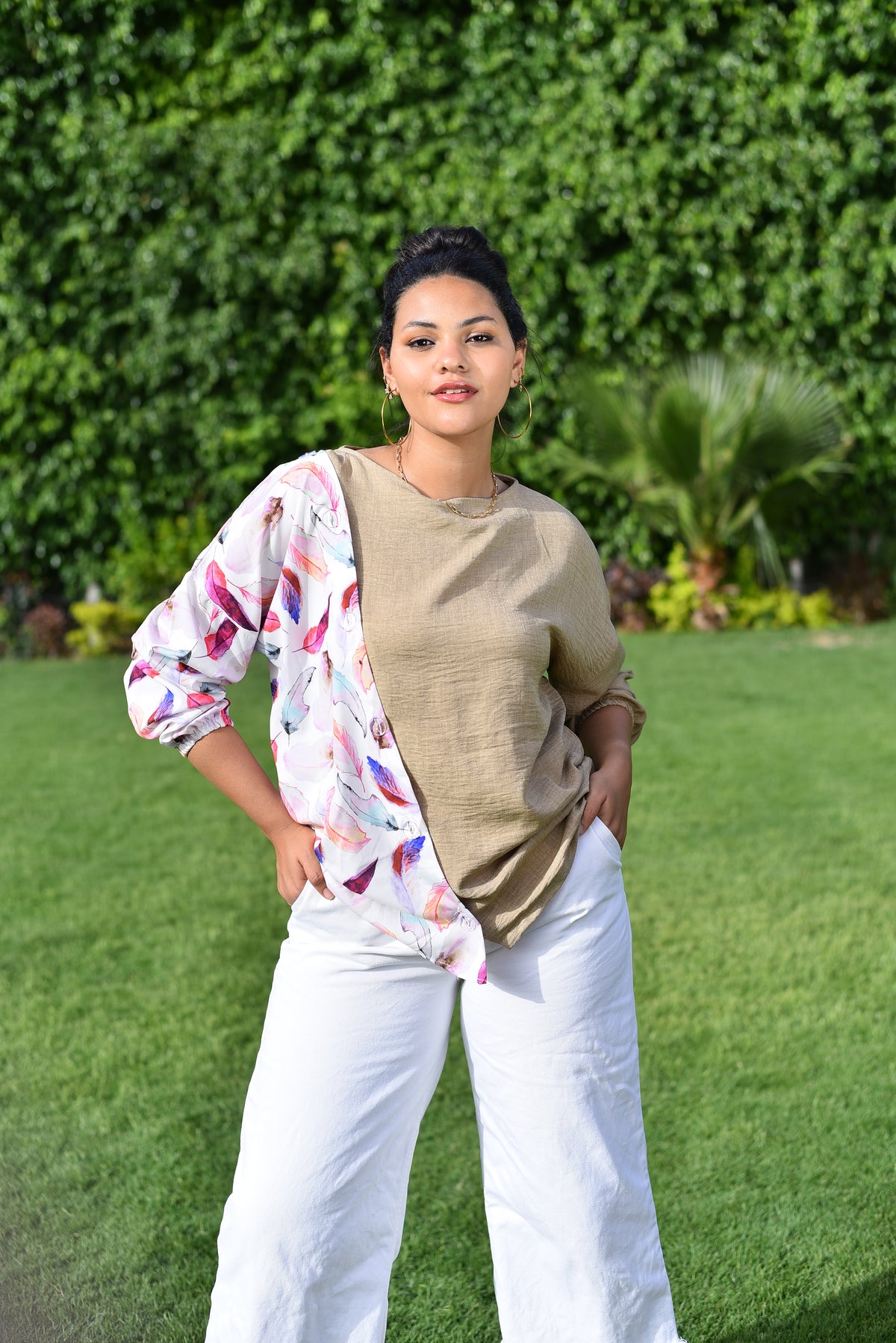 Leafy Beige Desert Buttoned Blouse