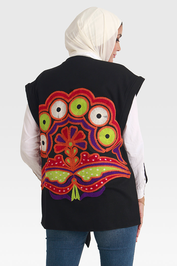 Peacock Flower Black Vest/Jacket